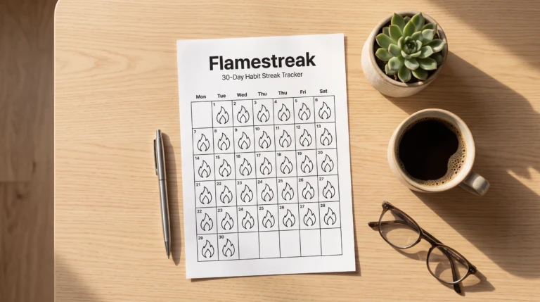 Flat-lay desk mockup of a printable Flamestreak 30-day habit tracker sheet next to a pen, coffee mug, and succulent plant.